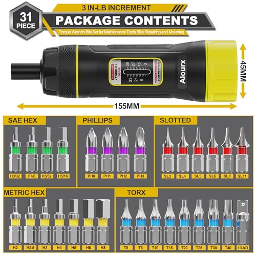 Torque Screwdriver Wrench Set, 3-39 Inch Pounds lbs, 31 Piece 1/4" Drive Torque Screwdriver Wrench with S2 Steel Bits for Bicycle Mechanics, Mechanical Equipment, and Mounting - size: 3-39 in.-lb. Standard