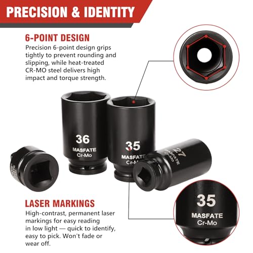 1/2" Metric Impact Socket Set 12PCS, CR-MO, 6-Point,27-38mm | 78mm Deep Socket set, Includes 3/4" to 1/2" Adapter & U-Joint. Ideal heavy-duty kit for car and truck lug nut repair - size: 1/2" | Metric|12-PCS