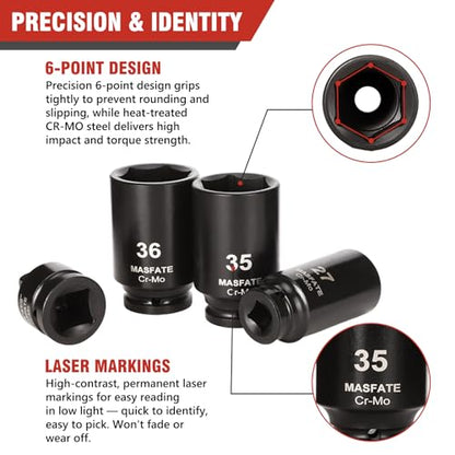1/2" Metric Impact Socket Set 12PCS, CR-MO, 6-Point,27-38mm | 78mm Deep Socket set, Includes 3/4" to 1/2" Adapter & U-Joint. Ideal heavy-duty kit for car and truck lug nut repair - size: 1/2" | Metric|12-PCS