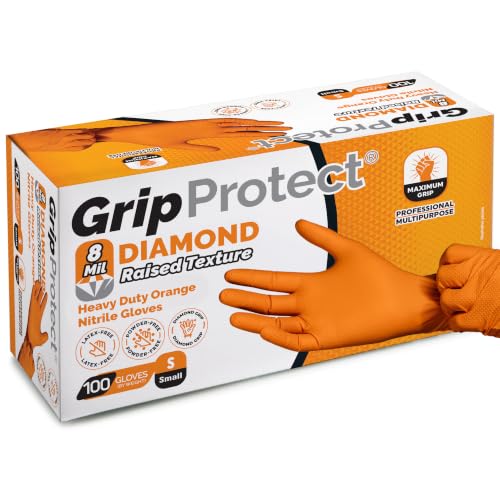 GripProtect 8 Mil Nitrile Gloves – Chemical Resistant, Diamond-Raised Textured Gloves, Orange Heavy Duty Disposable Gloves - size: L