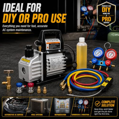 XtremepowerUS 4 CFM HVAC Vacuum Pump Kit with R134a R22 R32 R410A Manifold Gauge Set, Leak Detector, R134a Quick Couplers, Can Tap & Carry Bag for AC Refrigeration Recharge - size: 4.0CFM