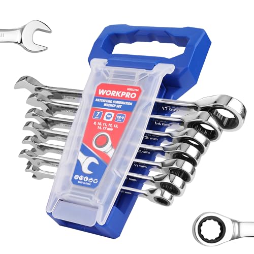 WORKPRO Ratcheting Wrench Set, Metric, 7-piece Ratcheting Combination Wrench Set, 8mm, 10mm, 11mm, 12mm, 13mm, 14mm, 17mm, 12-Point, CR-V Steel, with Organizer Rack - size: 7-piece, style: Metric