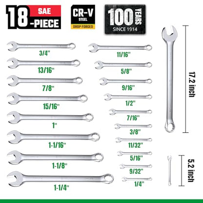 SK Combination Wrench Set, SAE 1/4" to 1-1/4", 18-Piece, Premium CR-V Steel | SuperKrome Finish, Drop Forged, 12-Point Wrenches, 15-Degree Offset, with Rolling Pouch - size: SAE 1/4" to 1-1/4"