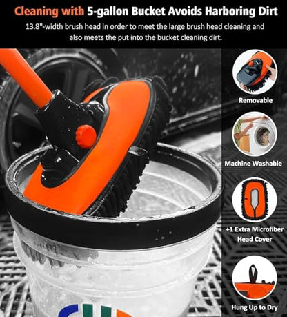 43'' Car Wash Brush with Long Handle Chenille Microfiber Car Wash Kit Mitt Retractable Bent Pole Car Wash Mop for Cars RV Truck Boat (Orange-1) - color: Orange-1