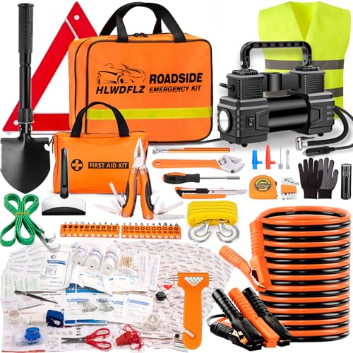 Car Emergency Kit with Portable Air Compressor - Roadside Assistance Emergency Kit with Jumper Cables, First Aid Kit, Auto Tool Set, Winter Safety Kit for Women, Men, Teen (Orange) - color: Orange
