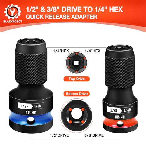 BLACKROBOT 2PCS Quick Release Impact Bit Holders 1/2-Inch & 3/8-Inch Square Drive to 1/4-Inch Hex Socket Adapter, CR-MO Steel - size: 3/8+1/2 Impact Bit Holder