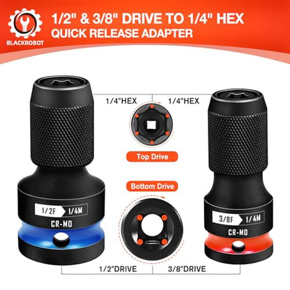 BLACKROBOT 2PCS Quick Release Impact Bit Holders 1/2-Inch & 3/8-Inch Square Drive to 1/4-Inch Hex Socket Adapter, CR-MO Steel - size: 3/8+1/2 Impact Bit Holder