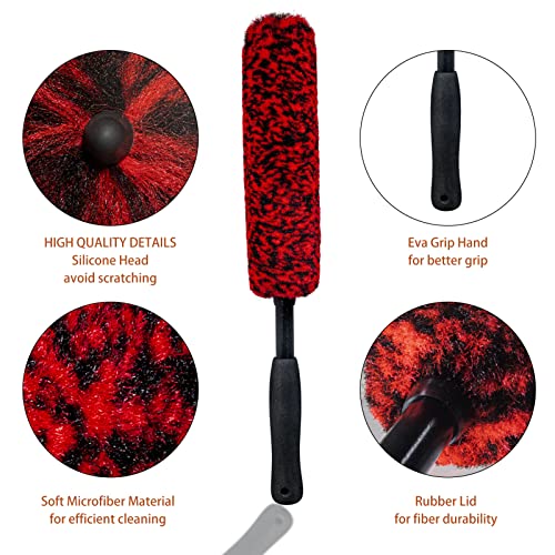 Metal Free Soft Wheel Cleaner Brush, Synthetic Wool Car Cleaning Brush, Highly Water Absorption, Dense and Durable Tire Brush for Cleaning Wheels, Rims, Spokes, Fenders, Engines… - color: Red Eva