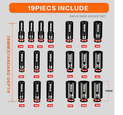 19pcs 1/2" Metric Impact Socket,10mm to 36mm Large Socket Set,6 Point Deep Sockets,1/2 Inches Drive Impact Socket Set Storage Case - size: 1/2 19PCS Socket Set Metric