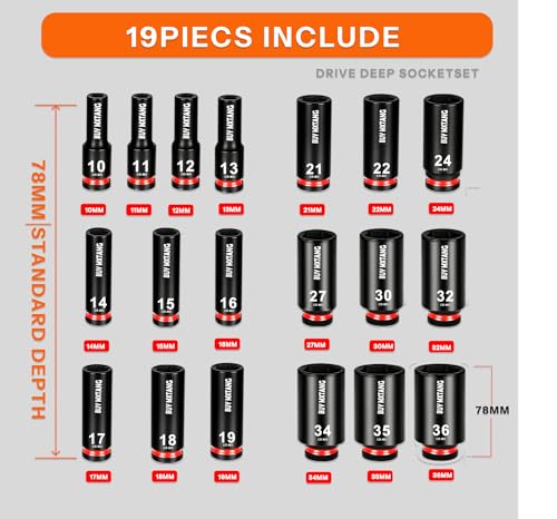 19pcs 1/2" Metric Impact Socket,10mm to 36mm Large Socket Set,6 Point Deep Sockets,1/2 Inches Drive Impact Socket Set Storage Case - size: 1/2 19PCS Socket Set Metric