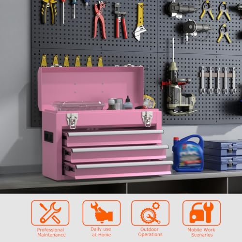Portable Metal Tool Box with Drawers, Latches Tool Box with EVC Liners for Garage, Home and Workbench (Pink) - color: Pink