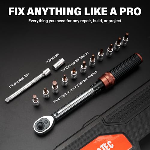 14-Piece 1/4" Drive Click Torque Wrench Set, 5-25Nm ±3%, Master Kit with 11 CR-V Bits (H2-H8/T20-T40/PH1-PH2), 4" Extension & Adapter, 72-Tooth Head for Bicycle Repair - size: 14pcs 1/4"