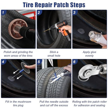 24+3PCS Tire Patch Kit, 24PCS Tire Repair Patch Plug Tool (36/46 / 60 mm)/ Patch Roller Tool/Repair Buffing Wheel/Hex Shank Drill Bit