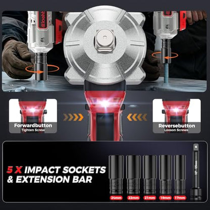 Cordless Impact Wrench 885 Ft-lbs (1200N·m), Brushless High Torque 1/2" Impact Gun, 21V 2×4.0Ah Batteries, 3-Mode Speed Control, Impact Wrench with 5 Sockets + Extension Bar for Car, Truck, RV & Mower