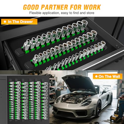 GOOACC Socket Organizer ABS Socket Holder Set 1/4" 3/8" 1/2" Drive Socket Rail Holders Stores up 129 Clips Impact Sockets Organizers Rails for Tool Box Drawer, 9 Piece Green - size: Clip Rail 9PC 1/4"3/8"1/2" Green