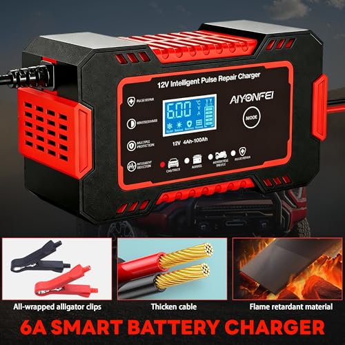 12V 6-Amp Battery Charger, Smart Trickle Charger & Maintainer RED | Battery Desulfator, Winter & Summer Mode, Lead-acid Battery Chargers, for Car Truck Motorcycle Lawn Mower Boat - color: Red