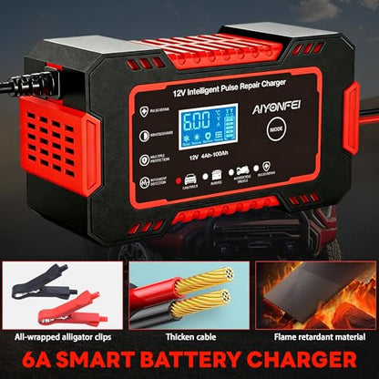 12V 6-Amp Battery Charger, Smart Trickle Charger & Maintainer RED | Battery Desulfator, Winter & Summer Mode, Lead-acid Battery Chargers, for Car Truck Motorcycle Lawn Mower Boat - color: Red