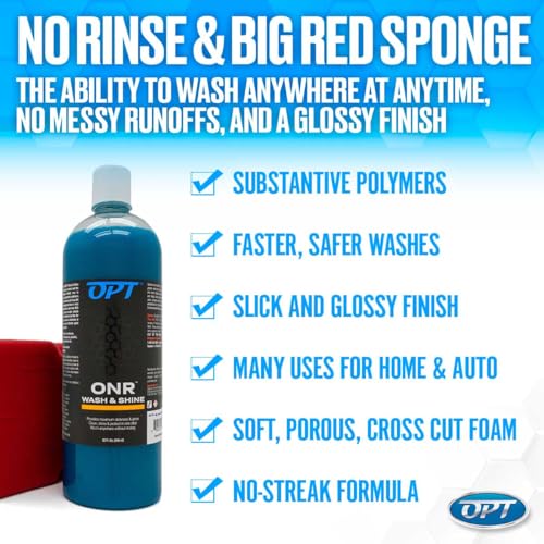 Optimum No Rinse Version 5 (32 Oz), Microfiber Drying Towel, and Big Red Sponge (BRS) Car Cleaning Kit, ONR Rinseless Car Wash, Drying Towel, and Wash Sponge for Washing and Auto Detailing - style: ONR, Sponge & Towel