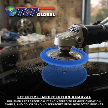 TCP Global 8" Blue Foam Buffing Pad Light Cut Polish Hook and Loop Backing - Buffing Pad for Automotive, Marine, Truck, RV & Compound Cutting - color: Blue