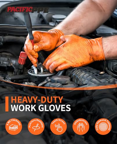 PACIFIC PPE 8 Mil Heavy Duty Strength Nitrile Gloves, Chemical Resistant, Diamond Texture Industrial Disposable Gloves, Orange, 100PCs, Medium - size: Medium(Pack of 100)