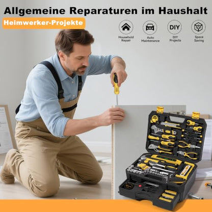 328 Piece Tool Kit for Home,Hand Repair Tool Set,Toolbox Storage Case with Drawer,General Household/Auto Tool Kit,Perfect for Homeowner, DIY, Handyman - color: Black and yellow