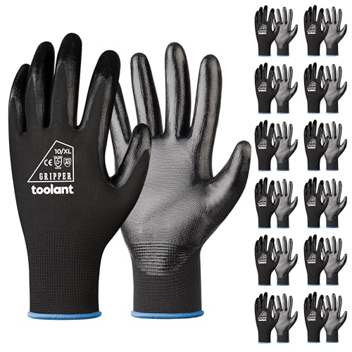 toolant Nitrile Coating Work Gloves for Men, Superior Oil Resistance, Safety Work Gloves with Grip, Touch Screen - color: Black (12 Pairs), size: Medium