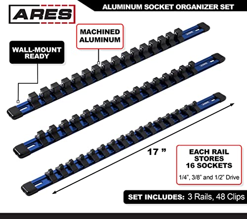 ARES 60041-3-Piece 17-Inch Blue Aluminum Socket Rail Set - 1/4-Inch, 3/8-Inch, and 1/2-Inch Drive Socket Organizers Hold 48 Sockets - color: Blue, size: Multi-Drive