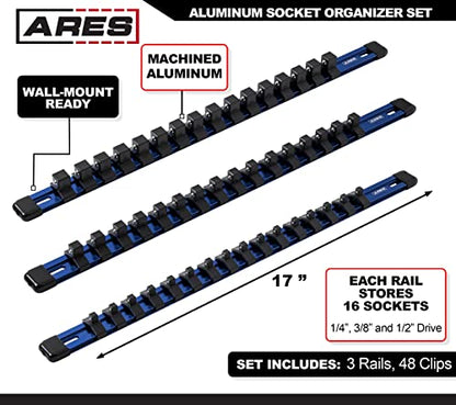 ARES 60041-3-Piece 17-Inch Blue Aluminum Socket Rail Set - 1/4-Inch, 3/8-Inch, and 1/2-Inch Drive Socket Organizers Hold 48 Sockets - color: Blue, size: Multi-Drive