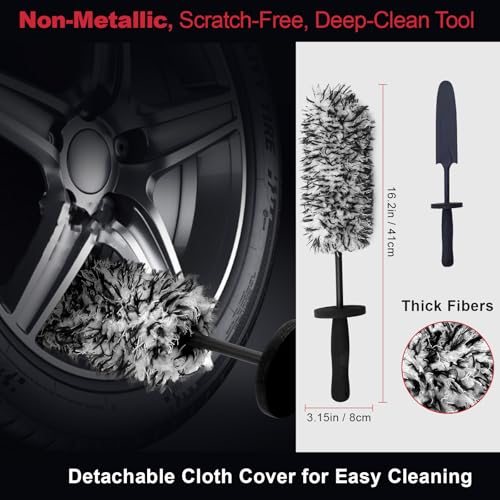 4PCS Wheel Detailing Kit Metal-Free Dual Hardness Towel Care Gift | Scratch-safe metal-free rim brush, dual tire brushes, lint towel, compact portable, brake dust cleaner, DIY & shop gift - color: 4