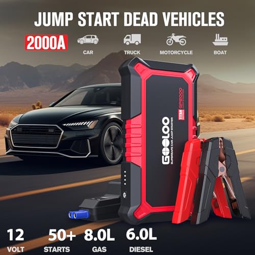 GOOLOO New GP2000 Jump Starter, 12V 2000A Car Jumper Starter(Up to 8.0L Gas, 6.0L Diesel Engines), SuperSafe Portable Battery Charger, Auto Lithium Box Booster Pack with USB Quick Charge, red - color: Red