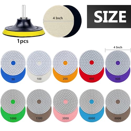 4 Inch Diamond Polishing Pads, 22 PCS 50-8000 Grit Wet/Dry Granite Stone Polish Pad Kit with 5/8’’-11 Backer Pad, Drill Adapter and Wool Disc for Granite Marble Concrete Stone Tile