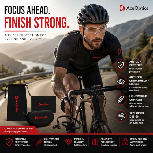 Safety Glasses – ANSI Z87 Certified, 5X Anti-Fog ClearShield™ Lenses with Premium Hard Case & Accessory Bundle - color: Red & Black / Clear