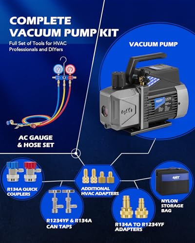 Orion Motor Tech A2L AC Vacuum Pump and Gauge Set, for R1234yf R32 R134a R410A Systems with 3.5 cfm Sparkless Ignition Proof Vacuum Pump, 3 Way AC Gauges Quick Couplers Can Taps Hoses Thermometer - size: 3.5 CFM A2L&R1234yf R32 R134a R410A
