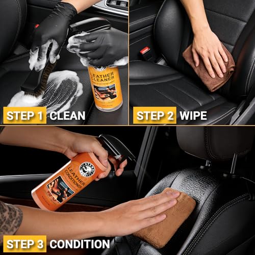 Car Leather Cleaner and Conditioner Kit, Leather Care Cleaning Kit with Horse Hair Cleaning Brush - Safe for Car Interiors, Furniture, Boots, Bags & Apparel - Deep Cleaning, Non-Greasy Restorer