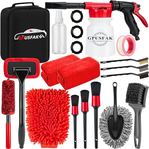 16Pcs Car Wash Cleaning Kit with Foam Gun Sprayer Detailing Brushes Windshield Cleaning Tool Rim and Tire Brush Towels Complete Interior Exterior Detailing Set for Car - size: 16Pcs