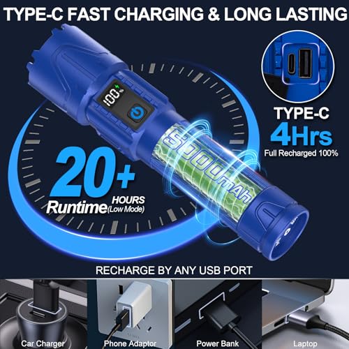 Rechargeable Tactical Flashlights 2000 High Lumens - 5000mAh Super Bright LED Powerful Flash Light, Waterproof Handheld USB C Flashlight for Home,Car,Camping,Emergencies,5 Modes,Zoomable (1, Blue) - color: Blue