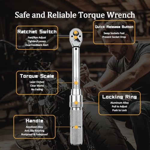 TYD 1/2 Inch Drive Preset Click Torque Wrench 5–60 Nm ±4% High Accuracy | Adjustable Torque Wrench 72-Tooth Ratchet Storage Case for Motorcycle Full Maintenance, Car Spark Plug, Brake Caliper, DIY - style: TG-60(5-60NM)