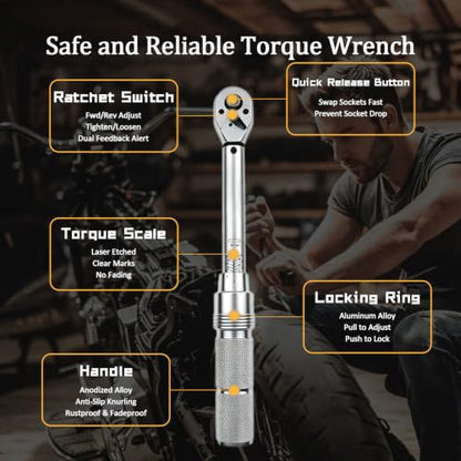 TYD 1/2 Inch Drive Preset Click Torque Wrench 5–60 Nm ±4% High Accuracy | Adjustable Torque Wrench 72-Tooth Ratchet Storage Case for Motorcycle Full Maintenance, Car Spark Plug, Brake Caliper, DIY - style: TG-60(5-60NM)