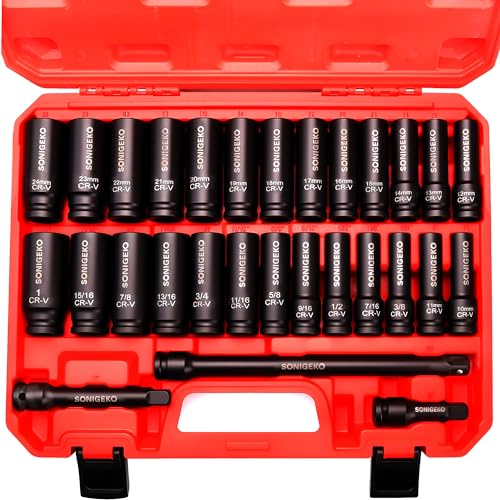 29-Piece 1/2" Drive Impact Socket Set, 6-Point Deep Standard SAE & Metric (3/8"-1", 10mm-24mm),CR-V Steel Sockets with 3", 5", 10" Extension Bars and Storage Case - size: 29 PCS, 1/2" Socket Set, Metric & SAE