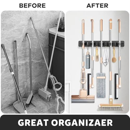 IMILLET Broom Holder Wall Mount, Wood Broom Holder with 5 Racks and 4 Hooks Broom Organizer, Laundry Room Organization and Storage, Mop Hanger for Home Organization, Garden, Garage, Closet (Black) - style: Wooden-5 Slots Black