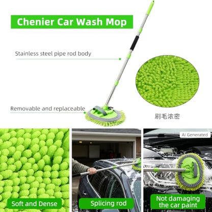 2 Pack 62" Car Wash Brush with Long Handle, Chenille Microfiber Car Wash Mop Mitt, Scratch-Free Soft Bristles Brush , Windshield Window Squeegee, Car Cleaning Kit Supplies for Car,Truck,SUV,RV,Boat - size: 5 Pack