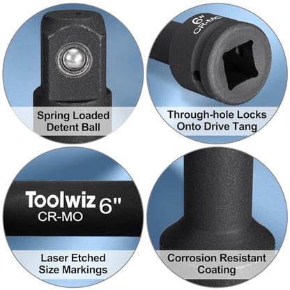 Toolwiz 3/4" Drive Impact Extension Bar 4", 6", 10" (3 Piece) Cr-Mo Steel | Expand Range of Impact Drivers, 3/4 inch Ratchet Wrench Extension Bar Socket Set Organized in Heavy Duty PVC Box, Black - size: 3/4" Drive (4", 6", 10")