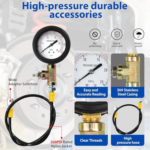 Brake Pressure Tester, Universal Brake Pressure Gauge, 0-3500PSI ABS Hydraulic Oil Pressure Gauge Kit, Brake System Test Diagnostic Tool for Gasoline Car