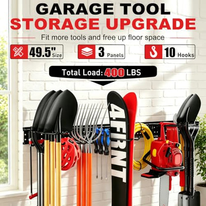 Garage Tool Organizer Wall Mount 49.5 inches with 10 Adjustable Heavy-Duty Hooks, Garage Organization, Garden Tool Storage Rack, Yard, and Shed, Holds Up to 400 lbs - size: 49.5" | 3 Panels + 10 Hooks
