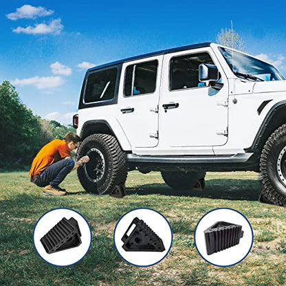 HOXWELL Solid Heavy Duty Rubber Wheel Chocks 4 Packs, Premium Wheel Stopper for Car, Travel Trailers, RV, Truck, and ATV(4 pcs, Black) 8" x 4" x 6" - color: Black 4 pack