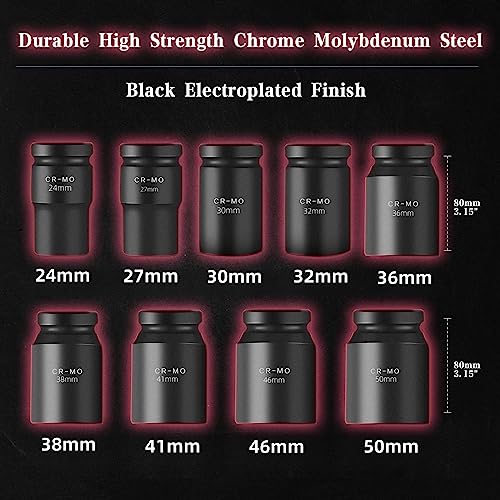 TONYNOL 1" Inch Drive Deep Impact Socket Set,9 Pieces,6-Point,Metric Sizes(24mm,27mm,30mm,32mm,36mm,38mm,41mm,46mm,50mm),Cr-Mo Steel - size: 1" 9PC Metric (24mm-50mm) Deep