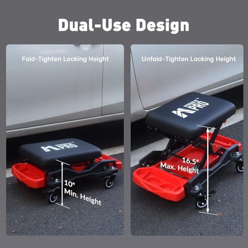 Automotive Creeper Seat with Rolling Wheels, 300 LBS Capacity Mechanic Stool, Heavy Duty Garage Stool with Soft Padded Cushion and Tool Trays, Foldable Design for Easy Storage