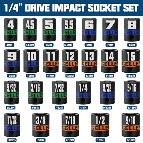 1/4" Drive Impact Socket Set, 50-Piece Standard SAE (5/32" - 9/16") and Metric (4 mm - 15 mm) Size, Deep and Shallow Sockets, 6 Point, Auto Repair Bicycle Maintenance and Furniture Assembly - size: 1/4 Inch Metric/SAE