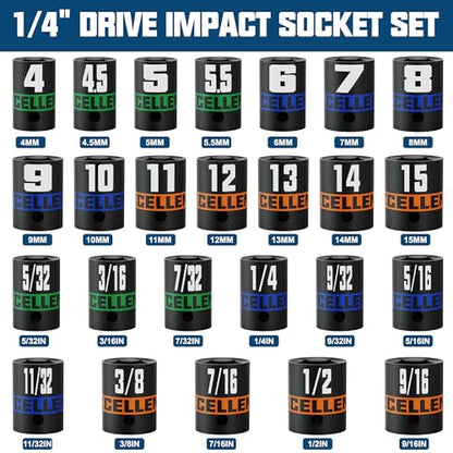 1/4" Drive Impact Socket Set, 50-Piece Standard SAE (5/32" - 9/16") and Metric (4 mm - 15 mm) Size, Deep and Shallow Sockets, 6 Point, Auto Repair Bicycle Maintenance and Furniture Assembly - size: 1/4 Inch Metric/SAE