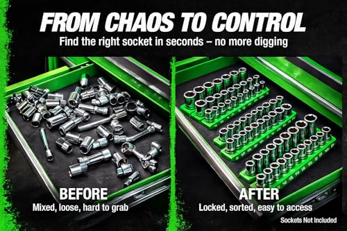 OEMTOOLS 22461 6 Pack Set Metric and SAE Magnetic Socket Tray Set, Green and Blue Socket Organizers, 1/4, 3/8, 1/2 Inch Drive Socket Organizer Tray Set - style: Green and Blue